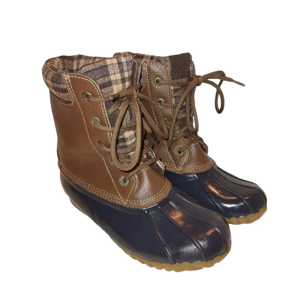 Sporto Womens Duck Boots Brown Leather Plaid Lined Size 6 Navy Lace Steel Shank